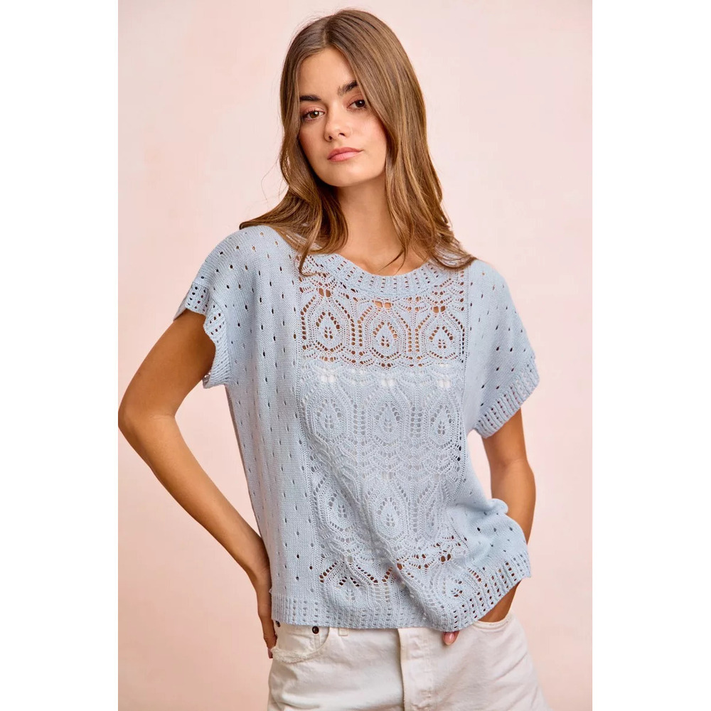 BiBi Washed Eyelet Short Sleeve Breathable Knit Top